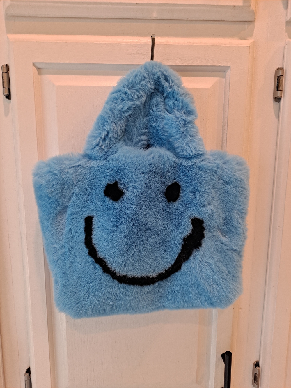 A Shop Of Things Plush Faux Fur Blue Smiley Happy Face Crossbody Tote Bag